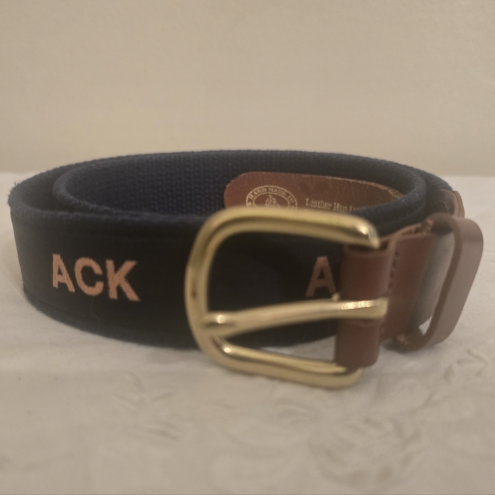 Leather Man Ltd. Nantucket ACK Ribbon Belt Navy, Pink &Brown Leather Belt Sz 34
